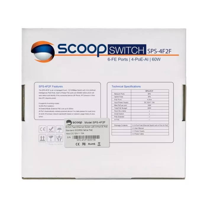 Scoop 6-port 60W Fast Ethernet AI PoE Network Switch