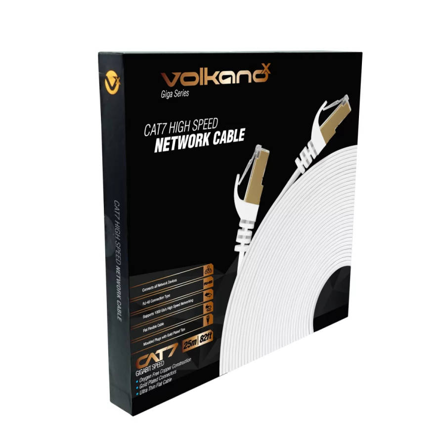 VolkanoX Giga Series 25m Cat 7 Ethernet Cable White with Gold Tips