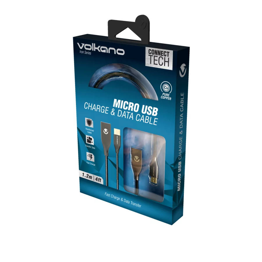 Volkano Iron Series 1.2m Micro USB Charge and Data Cable Black