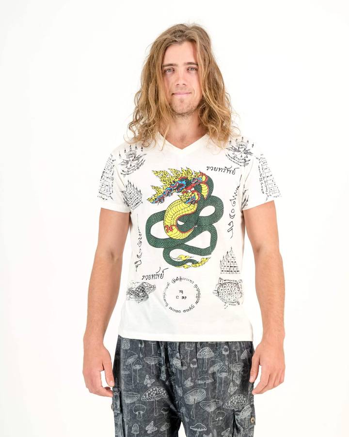 SKA Muay Thai Tattoo Green Dragon V-Neck Off-White T-Shirt - Xl