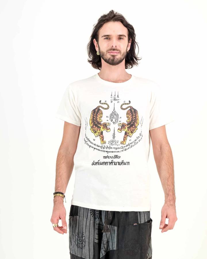 SKA Twin Tiger Muay Thai Tattoo Sak Yant Yantra Off-White T-Shirt - M