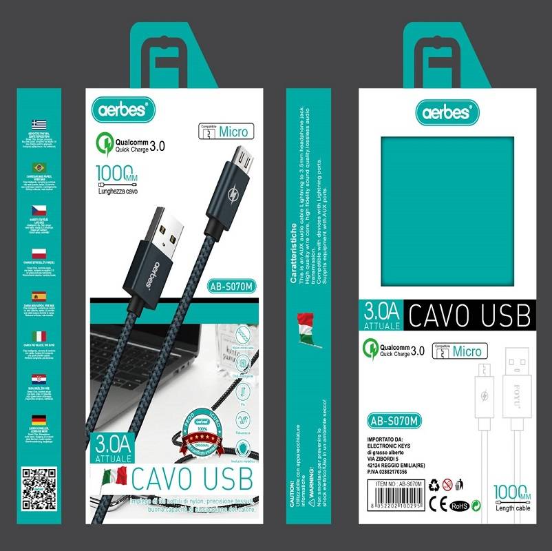 Aerbes AB-S070M Nylon Braided Micro USB Cable QC3.0 Fast Charging 3.0A 1M