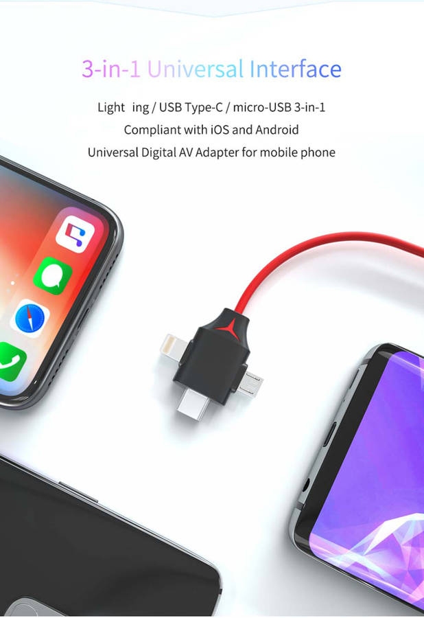 3 in 1 HDMI Cable With USB Power, Type C, V8 And Lightning Pin for IOS