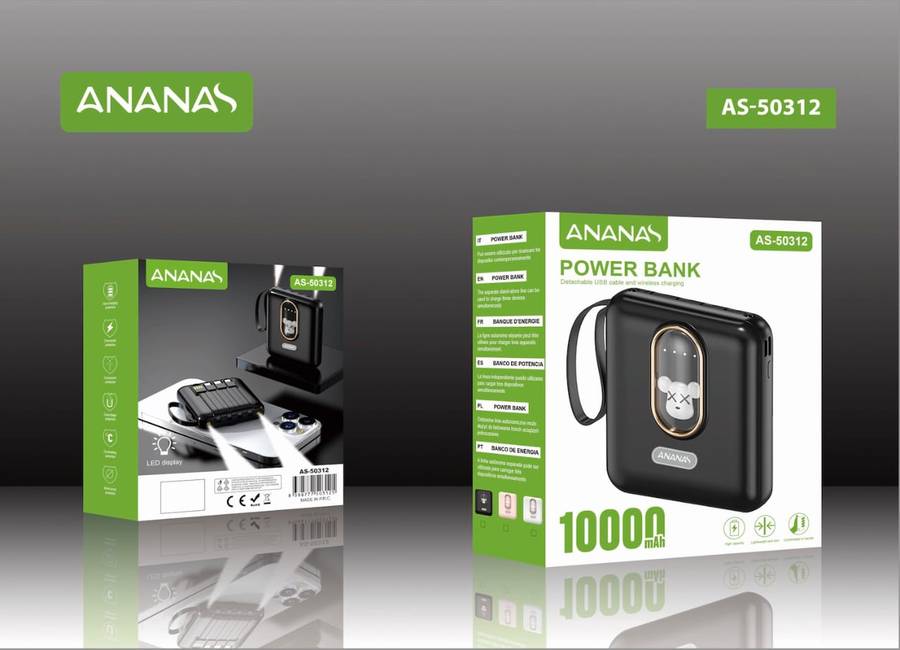 Ananas AS-50312 Power Bank 10000Mah Micro USB Type C &amp; IOS Built-In Cables