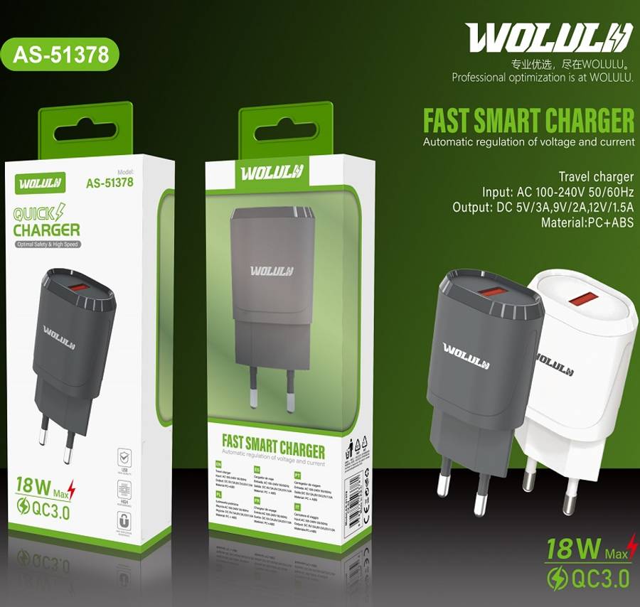 Wolulu AS-51378 QC3.0 USB Wall Quick Charger 18W