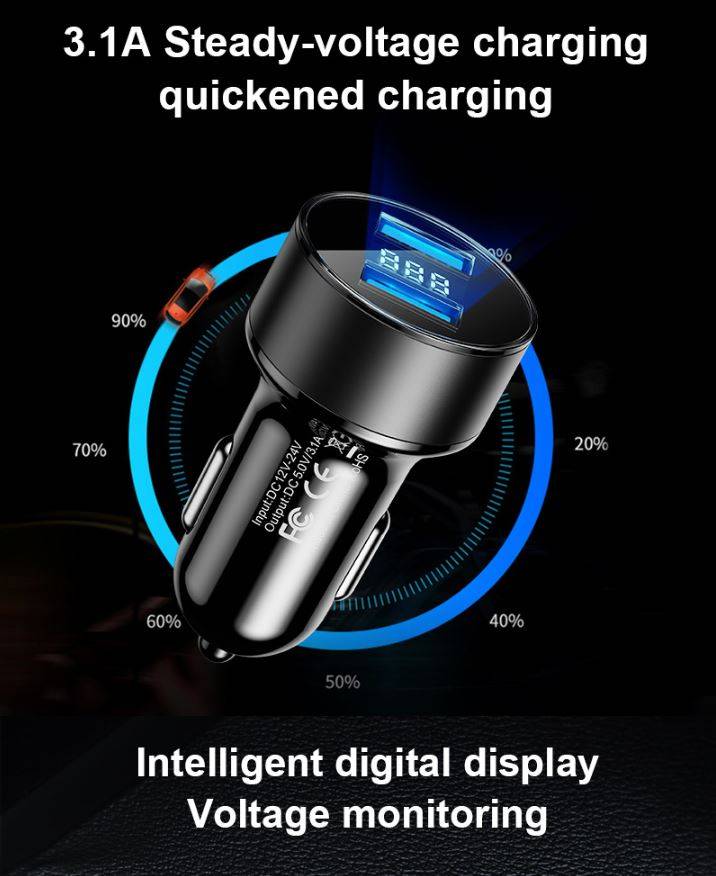 Treqa CC-319 Car Charger 5V 3.1A Quick Charge Dual USB Port LED Display