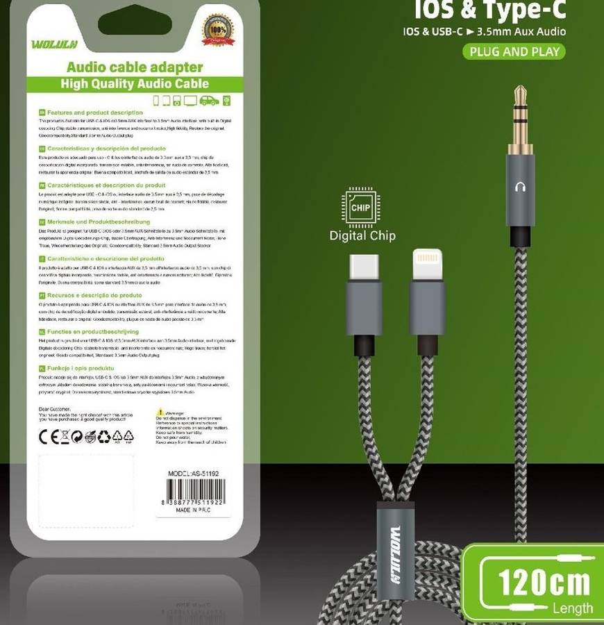 Wolulu AS-51192  Male 3.5mm To Lightning + Type C  Cable 1.2m