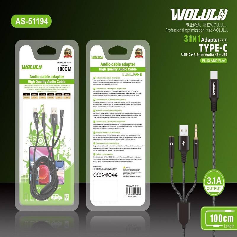 Wolulu AS-51194 Type C To 3.5mm Male And Female + Male USB