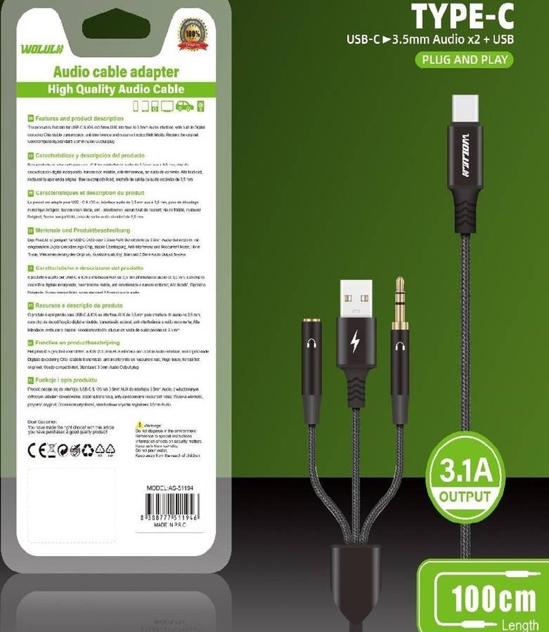 Wolulu AS-51194 Type C To 3.5mm Male And Female + Male USB