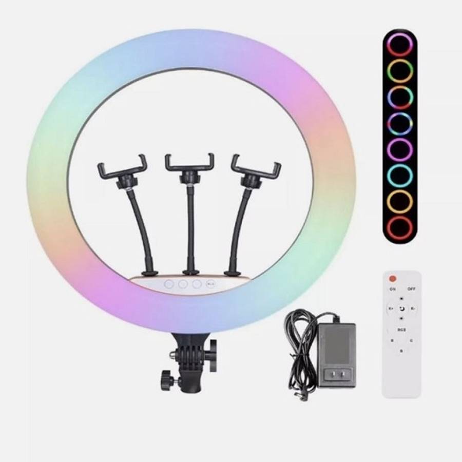 MJ45 18" RGB And White Ring Light with 2.1m Stand, 3 Cellphone Holder
