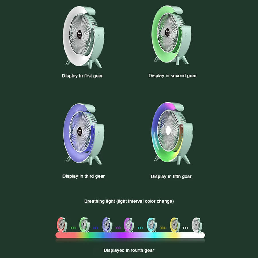 PM-095 Rechargeable Desktop Fan With Colorful Night Light 180 Degree Rotation