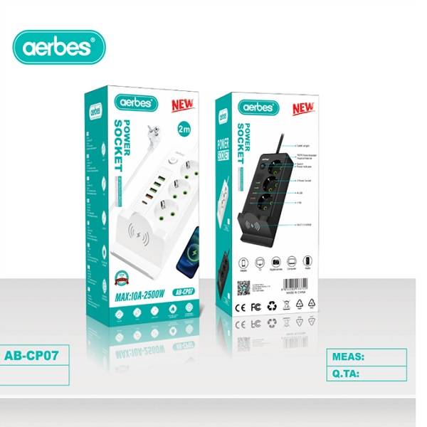 Aerbes AB-CP07-2M 220V 10A 2500W Round 2 Pin Power Socket Adapter 4 x USB And 1 x PD Port