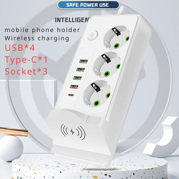 Aerbes AB-CP07-2M 220V 10A 2500W Round 2 Pin Power Socket Adapter 4 x USB And 1 x PD Port