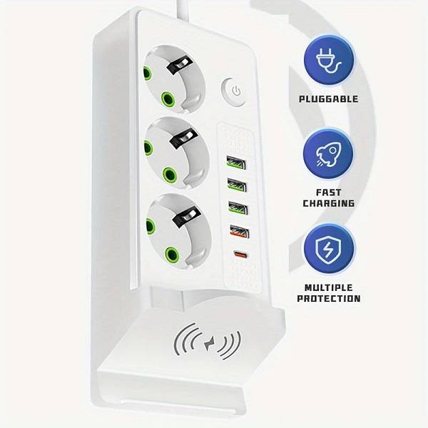 Aerbes AB-CP07-2M 220V 10A 2500W Round 2 Pin Power Socket Adapter 4 x USB And 1 x PD Port