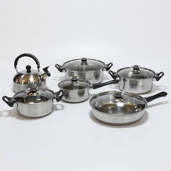 12 Piece Pot Set And Whistling Kettle With Black Handle