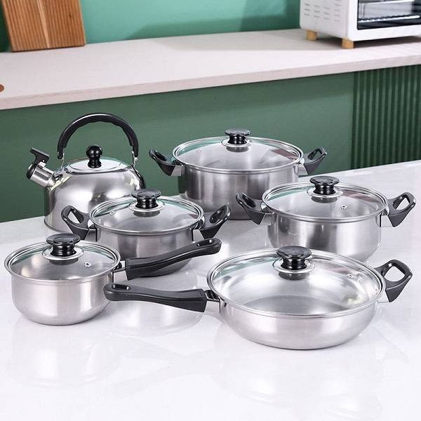 12 Piece Pot Set And Whistling Kettle With Black Handle