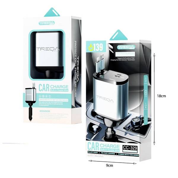 Treqa CC-329 USB + PD Car Charge With Built-in Type C And IOS Charging Cable