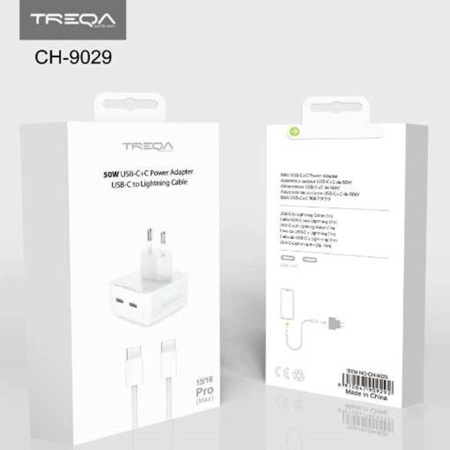 Treqa CH-9029 50W Dual PD Charger for Iphone 15/16 Pro Max With Type C cable