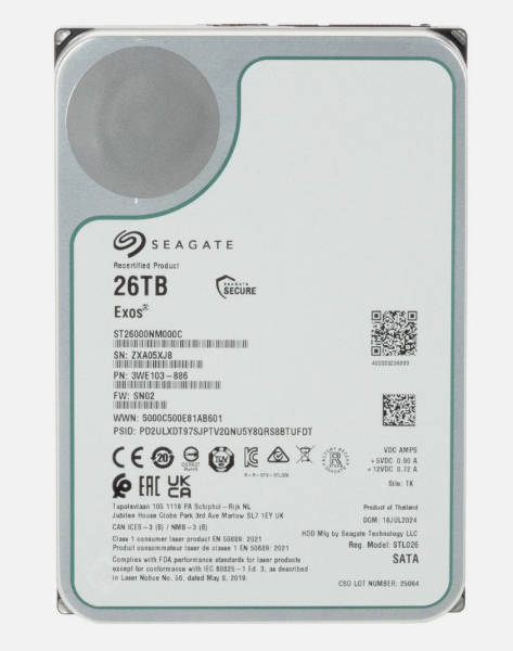 26TB Seagate Exos, (Enterprise), 3.5'', SATA 6Gb/s, 7200 RPM, Factory Recert.(1Yr Warranty) Hard Dri