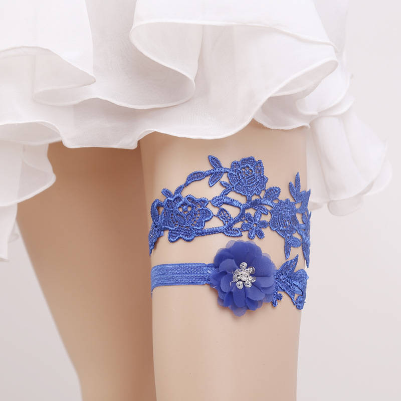 Wedding Garters Rhinestone Lace Blue Embroidery Floral Sexy Garters 2pcs set for Women/Bride