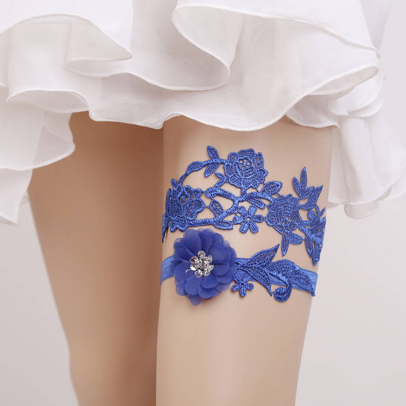 Wedding Garters Rhinestone Lace Blue Embroidery Floral Sexy Garters 2pcs set for Women/Bride