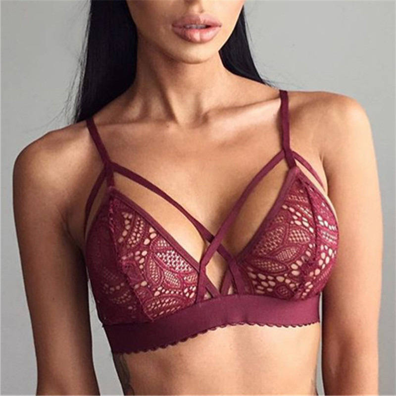 Women Sexy Cross Bandage Crop Tank Top Floral Sheer Lace Seamless Bralette Bustier