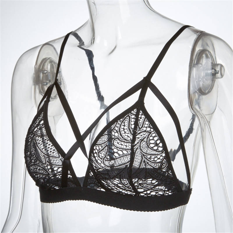 Women Sexy Cross Bandage Crop Tank Top Floral Sheer Lace Seamless Bralette Bustier