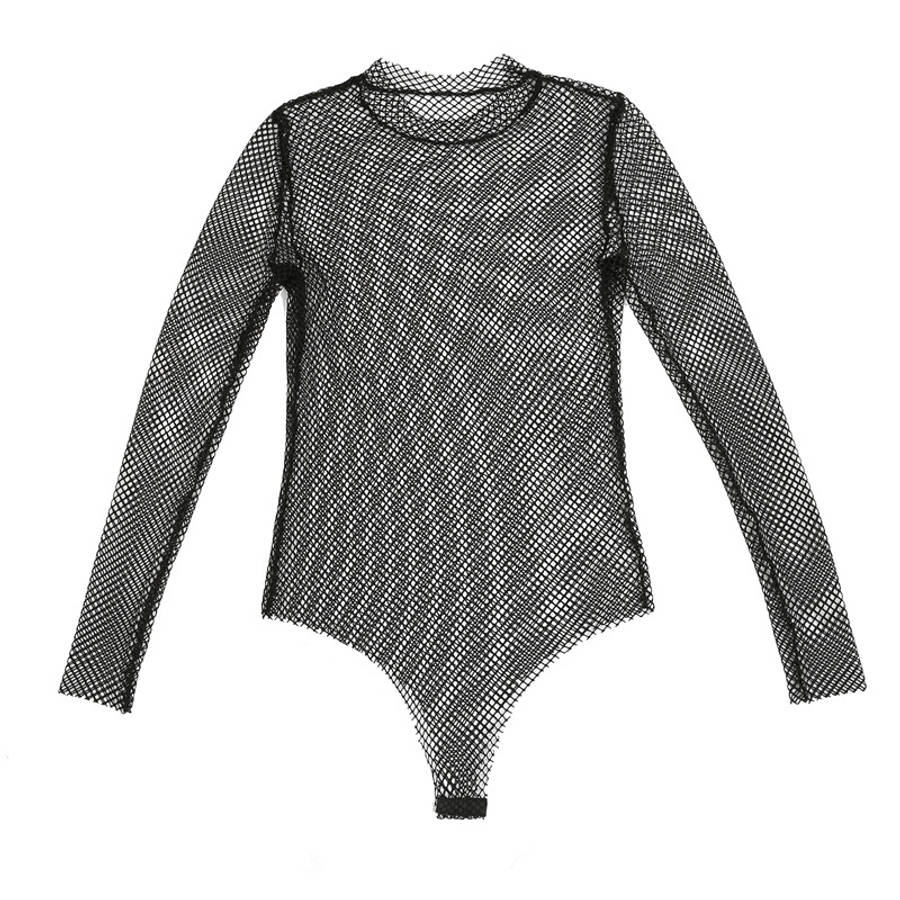 Black Sexy Fishnet Bodysuit Hot Teddy Long Sleeve Lingerie For Basic Cloth