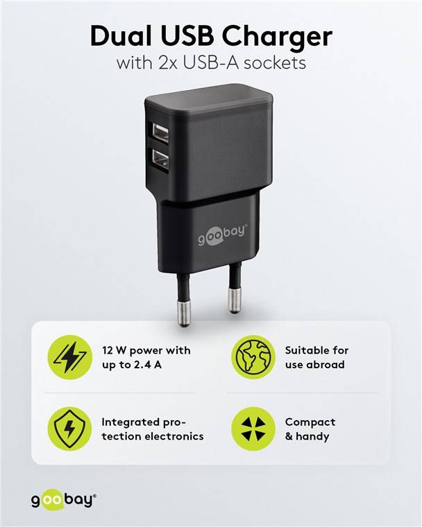 Goobay 12W Dual USB Charger - Black