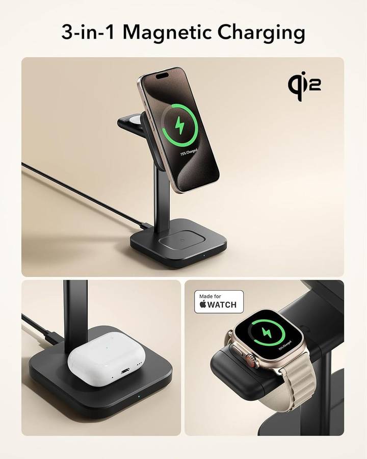 ESR Qi2 15w 3-in-1 Watch Wireless Charging Set (HaloLock) - Black