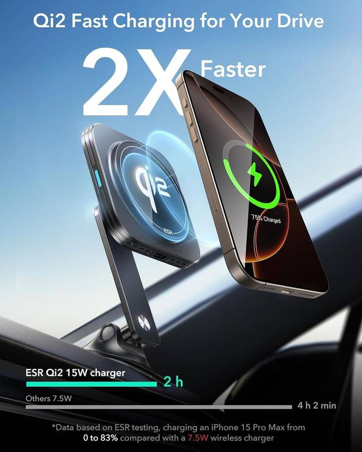ESR Qi2 Wireless Adjustable Dashboard Car Charger - Black