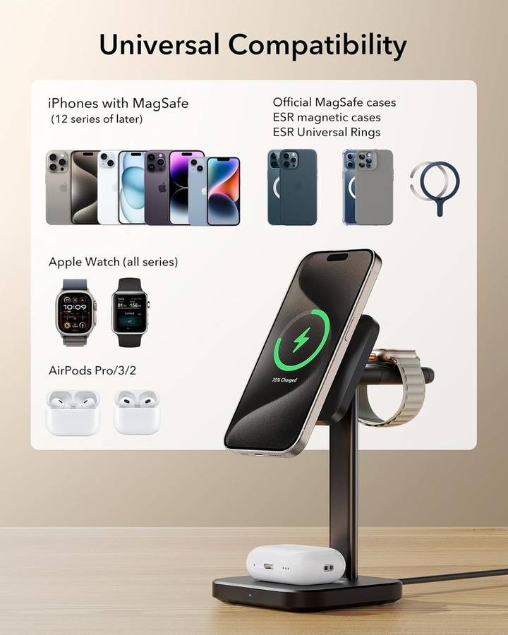 ESR Qi2 15w 3-in-1 Watch Wireless Charging Set (HaloLock) - Black