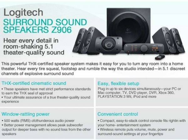 Logitech Z906 5.1 Surround Sound Speaker System - 1000 Watts peak/500 Watts RMS with wall mountings