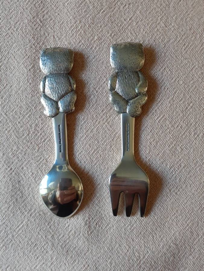 Boxed Pewter baby christening set - spoon and fork - bears Royal Selangor
