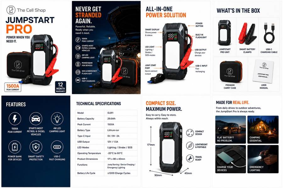 Jump Start Pro 1500A Multifunction Car Jump Starter Power Bank with 4W LED