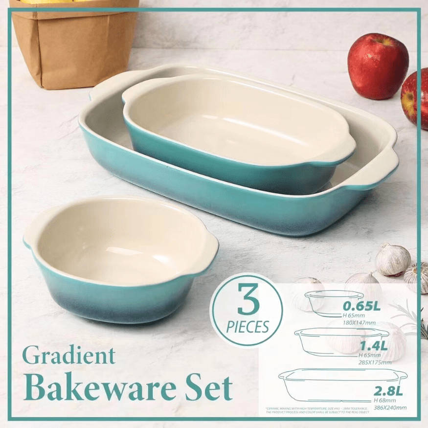 3-Piece Modern Ceramic Rectangular Bakeware Set - 0.5L, 1.4L, 2.8L