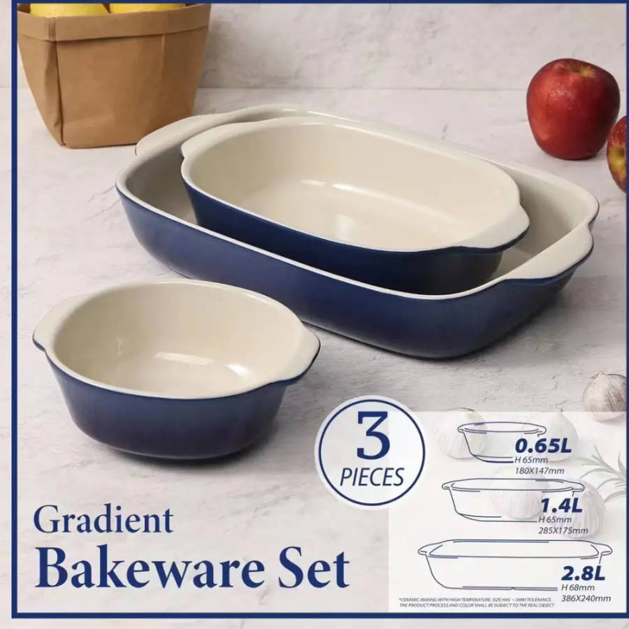 3-Piece Modern Ceramic Rectangular Bakeware Set - 0.5L, 1.4L, 2.8L