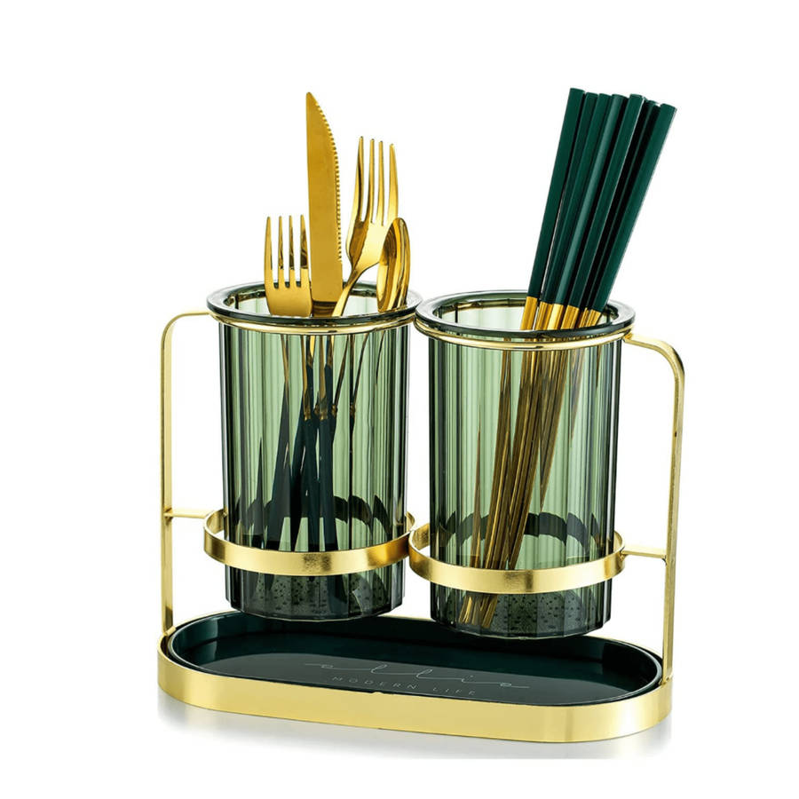 Kitchen Utensil Holder or Pencil and Pen Holder - 2 Cups with Golden Iron Frame