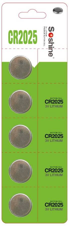 Soshine CR2025 5 Pack 3V Lithium Coin Battery 150mAh