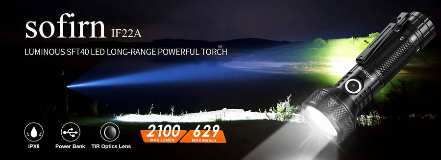 Sofirn IF22A 2100 Lumen 697m Throw Rechargeable Flashlight with 21700 Battery