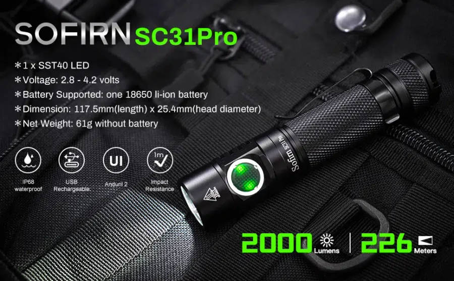 Sofirn SC31 Pro 2000 Lumen 255m Throw Rechargeable Flashlight with 18650 Battery