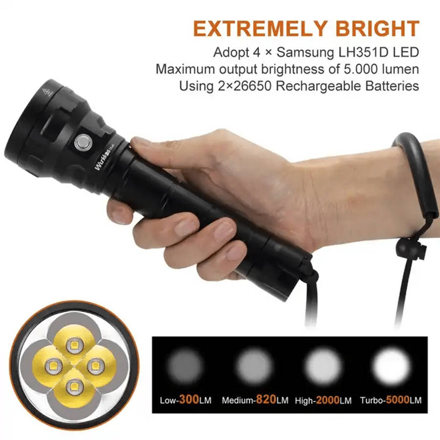 Wurkkos DL40 5000 Lumen 400m Throw Rechargeable Diving Flashlight with 2x 26650