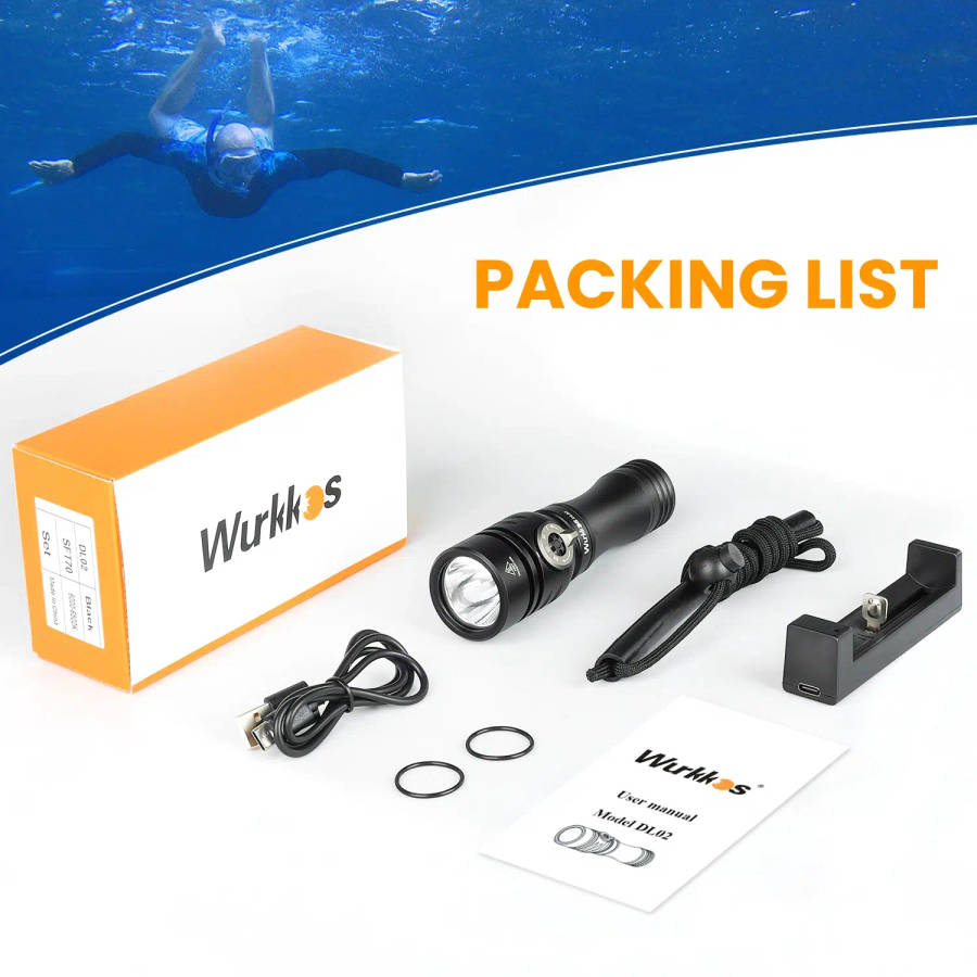 Wurkkos DL02 3000 Lumen 480m Throw Rechargeable Diving Flashlight with 21700 Battery
