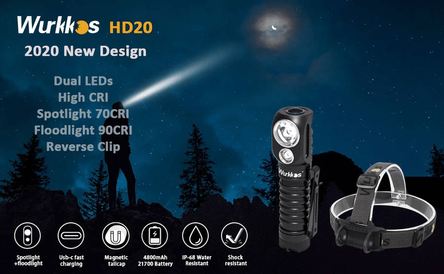 Wurkkos HD20 2000 Lumen 144m Throw Rechargeable Headlamp with Battery