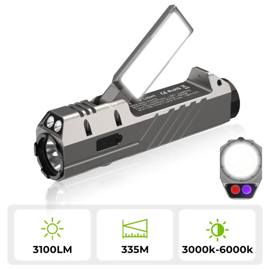 Wurkkos HD05 Foldable 4-in-1 EDC/Work Light  3100 Lumens Spotlight + Rotating Floodlight Wing ...