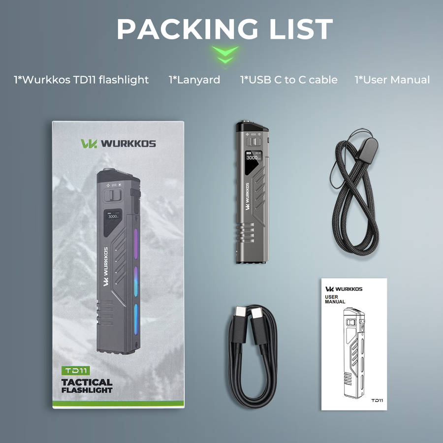 Wurkkos TD11 Smart OLED Tactical Flashlight  3000 Lumens, 320m Throw, Dual Tail Switches + Rea...