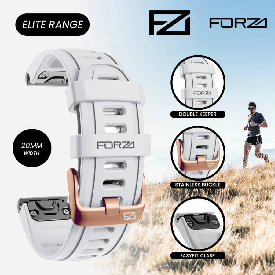 FORZA - ELITE | 20mm EasyFit Watch Strap for Garmin (White - Rose Gold Buckle)
