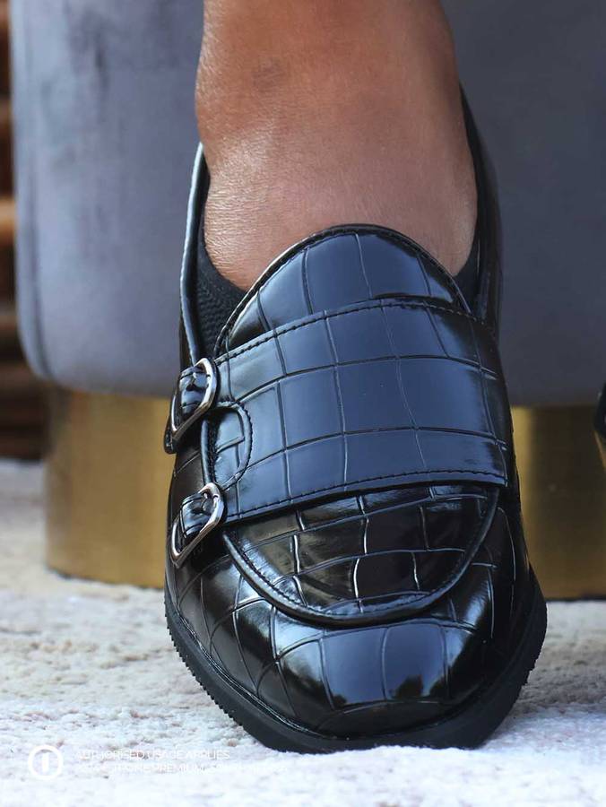 Double Buckle Monk Loafers - Black