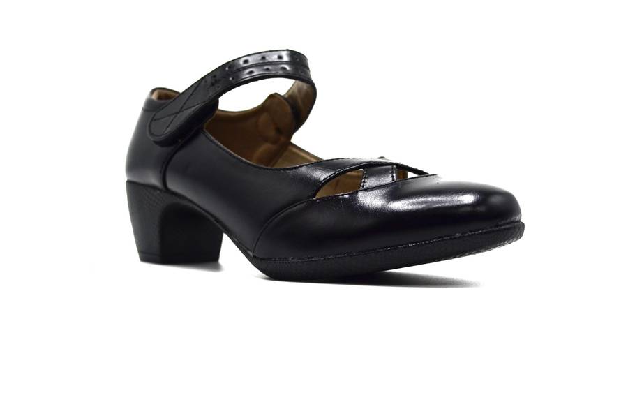 TTP Ladies Block Heel Courts Velcro Strap with Cut Out Detailed Vamp