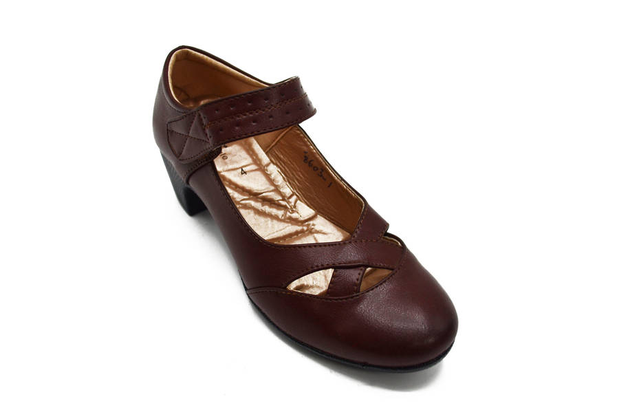 TTP Ladies Block Heel Courts Velcro Strap with Cut Out Detailed Vamp